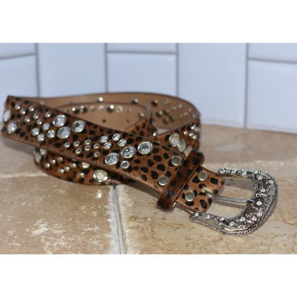CARA New York Leather Belt Calf Hair Rhinestone Embellishments Western Buckle